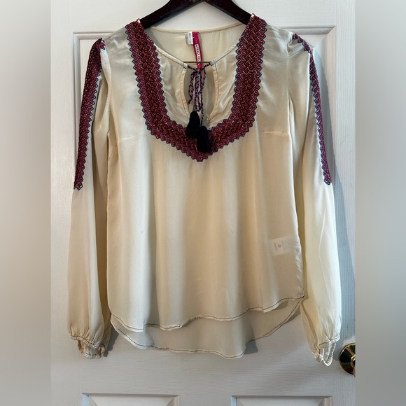 PLENTY by TRACY REESE XS Ivory Boho Blouse Tassel Tie Red Blue Black Embroidery - Picture 4 of 12